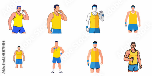 Male Coach and Trainer Vector Illustration Set: Muscular man in athletic wear holding or blowing a whistle in multiple poses for fitness guidance.