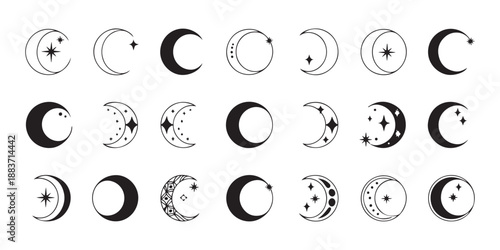 Mystical crescent moon collection with celestial stars and occult symbols for tarot and astrological art