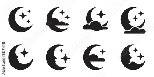 Cute crescent moon and stars icons featuring clouds face profiles and simple shapes