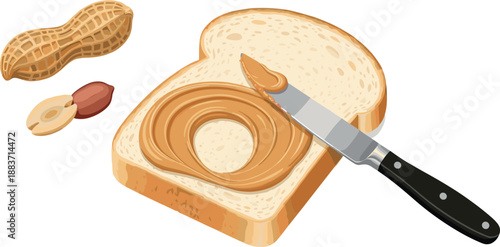 Vector illustration of creamy peanut butter being spread on a slice of white bread with whole peanuts isolated on white background.