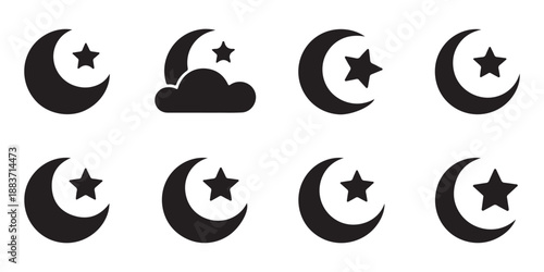 Crescent moon and star icon set collection for ramadan kareem and islamic religious decoration silhouette