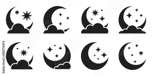 Moon and stars night icon set collection silhouette style with cloud elements for web and app decoration