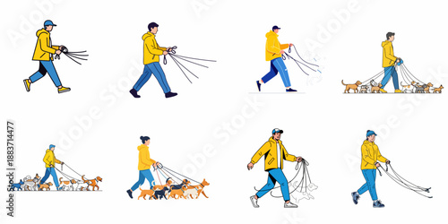 Professional dog walking service concept illustration set showing people handling a large pack of dogs on leashes.