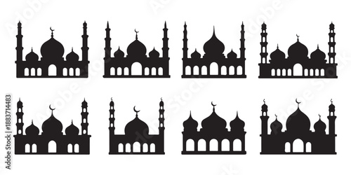 Mosque building silhouette icon set collection for islamic religious architecture and ramadan decoration