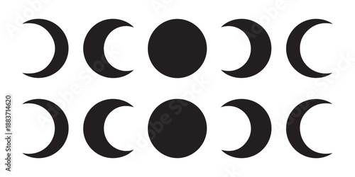 Collection of ten black moon phases including crescent and full moon shapes isolated on a white background