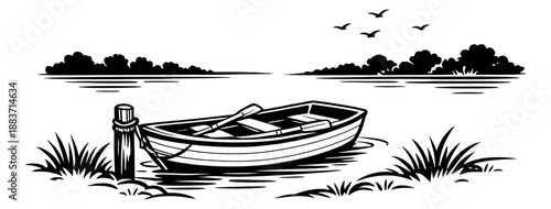 Vintage line art illustration of a rowboat depicting a tranquil lake scene for nature and leisure designs