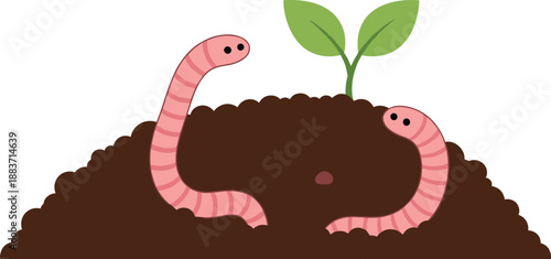 Vector illustration of pink earthworms crawling in a mound of dark brown soil with a small green plant sprout.