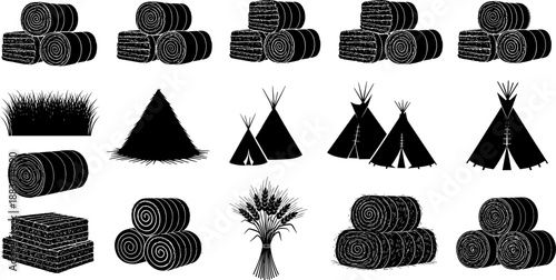 Collection of fantasy fairy and pixie vector silhouettes with delicate wings, illustration set of magical female characters dancing and sitting in the grass with flowers and stars, black and white.