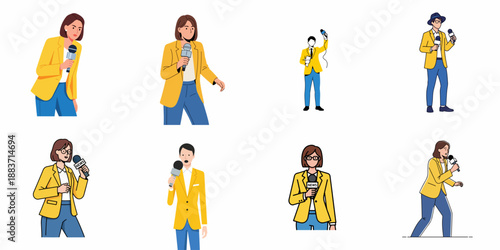 Collection of journalist and reporter illustrations in yellow blazers holding microphones, covering news events, isolated vector set on white background.