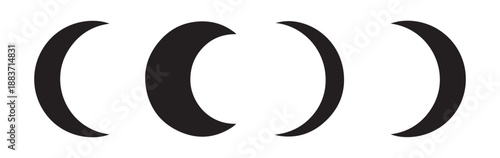 Set of four thin crescent moon phases black silhouette icons collection isolated on white background astronomical design elements mystic decor