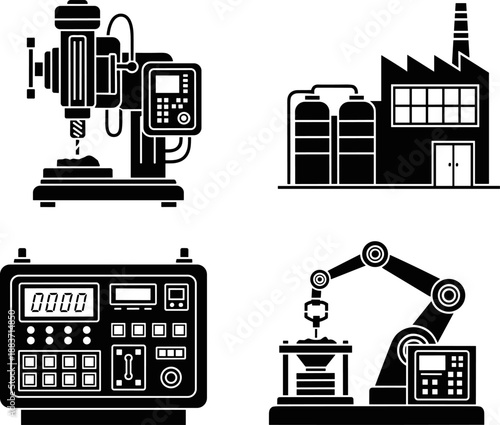 Collection of Industrial and Manufacturing Icons Silhouettes Featuring CNC Machine, Factory Building, Robotic Arm, and Control Panel for Automation and Production Technology Vector Illustration