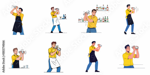 Set of eight illustrations depicting a professional bartender or mixologist shaking a cocktail shaker in various poses, emphasizing beverage preparation and service.