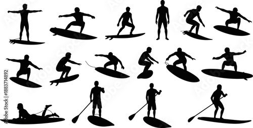Collection of Male Surfers and Paddle Boarders Showing Surfing Action, Standing, Laying, and Paddling Poses for Water Sports and Summer Activity Vector Illustration