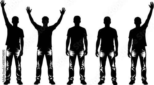 Collection of male standing silhouettes in casual wear, featuring hands raised in triumph or excitement and relaxed poses, vector illustration set