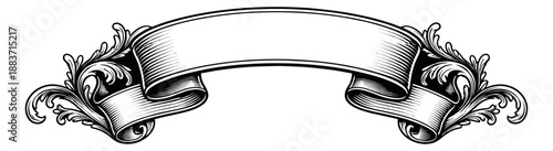 Vintage hand drawn line art illustration of a scroll banner depicting an elegant empty scroll for graphic design