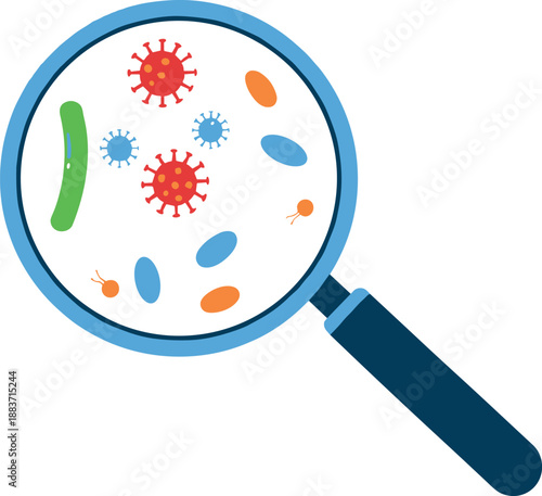 Vector illustration of various bacteria and virus cells viewed through a blue magnifying glass isolated on white background.