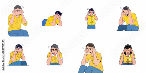 Various illustrations of exhausted call center employees and customer service representatives struggling with stress, headache, and work burnout while wearing headsets.
