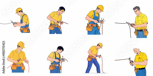 Collection of illustrations showing various male electricians and handymen cutting and stripping electrical wires with tools, representing maintenance and repair work.