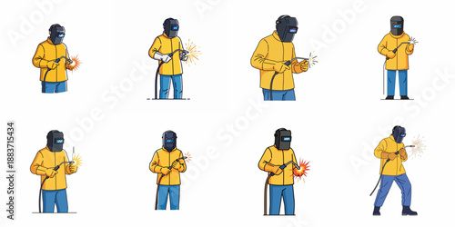 Cartoon Welder Worker Character Illustrations Set in Various Poses, Wearing Helmet and Protective Uniform, Performing Arc Welding Job.