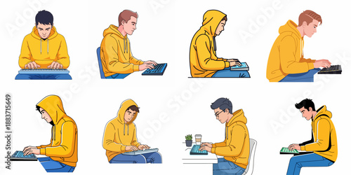 Set of 8 illustrations depicting diverse young men in yellow hoodies intensely focused while typing on keyboards, symbolizing coding, student life, or digital work.