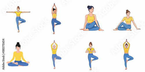 Set of diverse women performing various yoga poses, including Tree Pose and meditation, representing fitness, balance, and mindful healthy living.