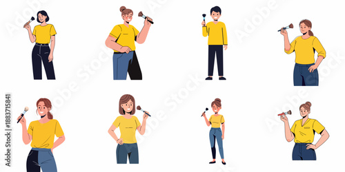 Collection of professional makeup artists and beauty enthusiasts holding cosmetic brushes, illustrating beauty services, education, and products.