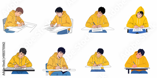 A collection of young male student illustrations sitting at desks taking exams or studying, showcasing various poses and focused expressions.