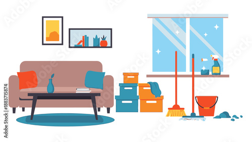 Cleaning supplies and furniture in a room with a couch and window, viewed from the side, representing household chores and organization
