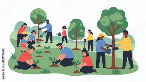 Community members engaging in environmental conservation activities, planting trees and gardening together in a park
