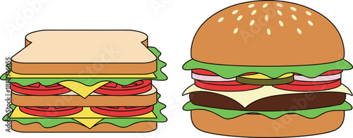Vector illustration set featuring a layered double decker club sandwich and a gourmet cheeseburger on a sesame bun