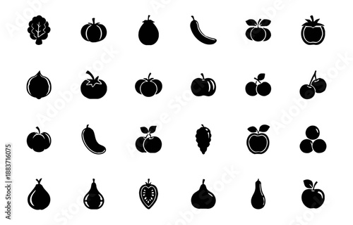 Collection of various healthy fresh fruits and vegetables icons for healthy eating