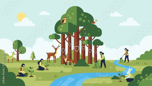 People engaging in outdoor activities amidst nature, surrounded by trees and wildlife in a serene landscape illustration