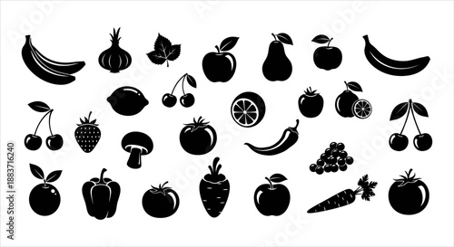 Variety of nutritious produce icons illustrating a balanced diet and organic food selection