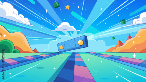 Red retro car driving on a snowy winter road to the city through a nature landscape illustration with green trees and sun clouds in the sky