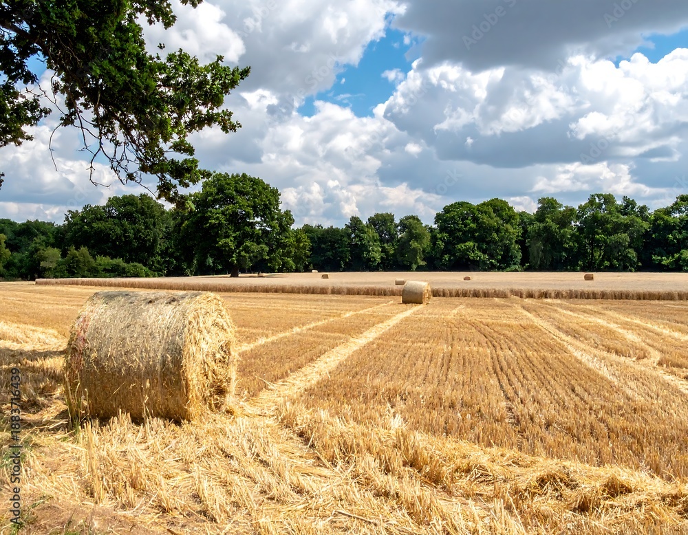 Fototapeta premium Golden hay bales in a field.