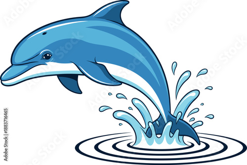 Vector illustration of a blue dolphin jumping out of the water with a splash isolated on white background.