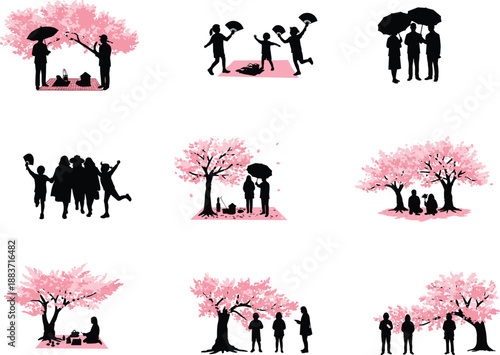 Cherry blossom picnic silhouettes with people umbrellas fans sakura trees spring outdoor leisure black vector illustration