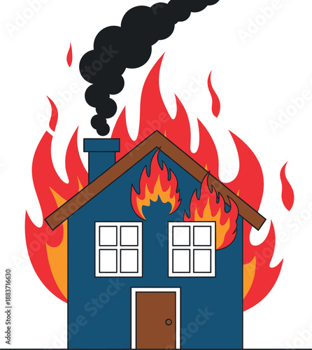 Vector illustration of a blue house engulfed in orange flames with black smoke rising from the chimney isolated on white background.