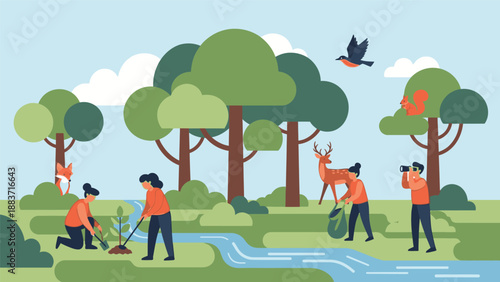 People Planting Trees and Conserving Nature in a Serene Landscape Scene with Wildlife