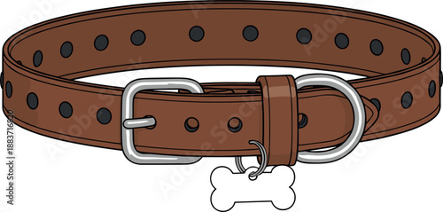 Vector illustration of a brown leather dog collar with silver buckle and a bone-shaped identification tag isolated on white background.