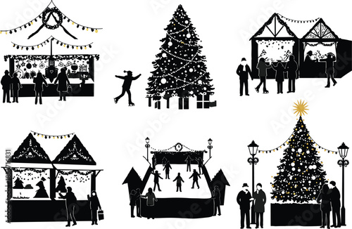 Christmas market silhouettes with festive stalls decorated tree ice rink people winter holiday celebration black vector illustration seasonal city scene
