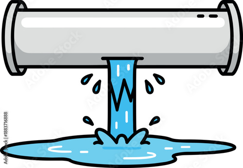 Vector illustration of a broken metal water pipe with a steady leak forming a blue puddle isolated on white background.