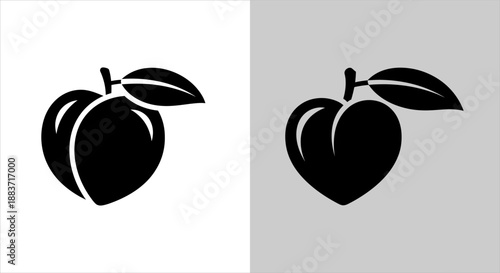 Stylized Monochrome Peach Fruit Icon with Green Leaves Vector Silhouette Graphic Design Element