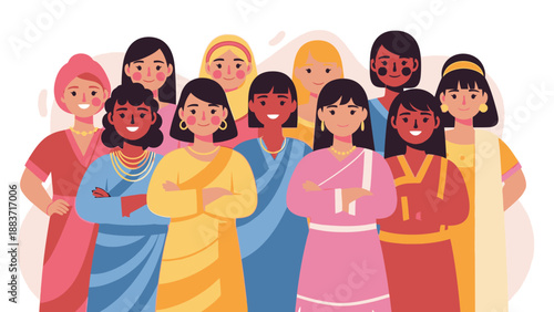 Diverse group of women in traditional attire standing together in a vibrant illustration showcasing cultural unity and diversity