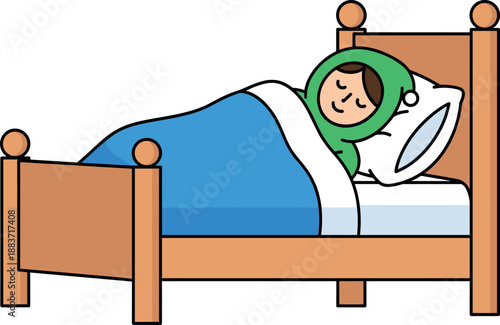 Vector illustration of a person sleeping peacefully in a wooden bed with a blue blanket and green nightcap