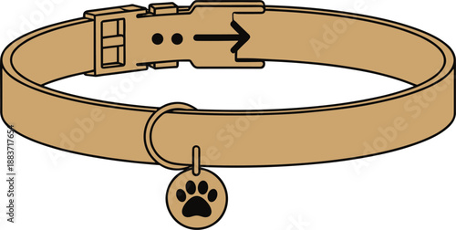 Vector illustration of a tan pet collar featuring an adjustable buckle strap and a hanging paw print identification tag