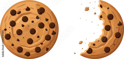 Vector illustration of a whole round chocolate chip cookie and a bitten cookie with crumbs isolated on white background.