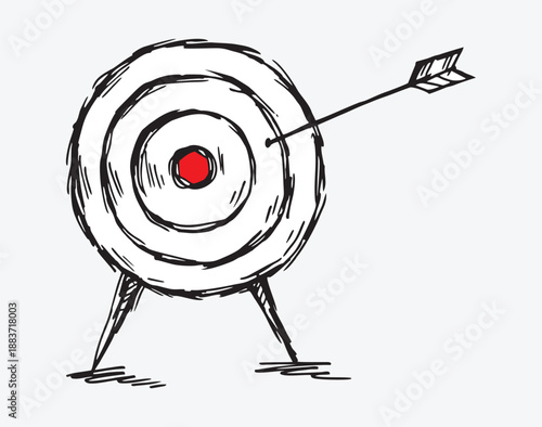 Hand drawn illustration of arrow miss center of target. vector doodle failure shot.