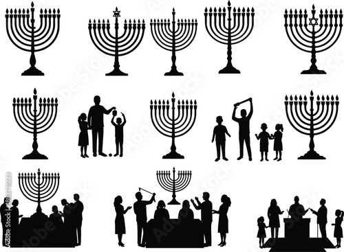 Hanukkah menorah silhouettes with Jewish family lighting candles dreidel celebration traditional holiday black vector illustration festival religious culture winter art