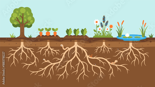 Illustration of diverse plant species and their root systems in a cross-sectional view of the soil environment